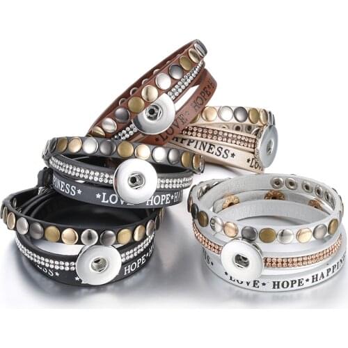 New Snap Button Jewelry Snap Bracelet for Women Men Love Hope Happiness Multilayer Leather Bracelet Fit 18mm Snap Jewelry