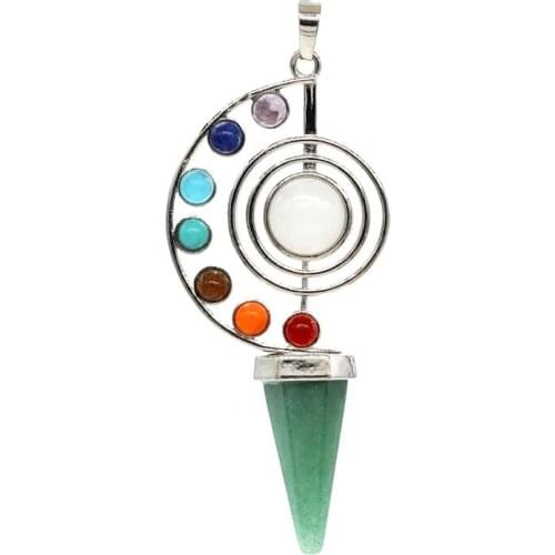 Trendy-beads Silver Plated Spiral with Round Beads Green Aventurine Hexagon Pyramid Pendant Healing Chakra Jewelry