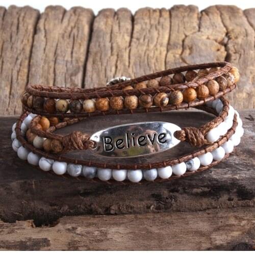 RH Fashion Boho Bracelet Armbander Believe Metal Charm Natural Stones 3 Strands Woven Wrap Bracelets Dropshipping