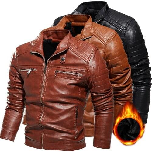 Mens Motorcycle Leather Jacket Autumn/WInter Fleece Mens Wear Casual Jackets Vintage Faux Leather Biker Coat Jaqueta Masculina