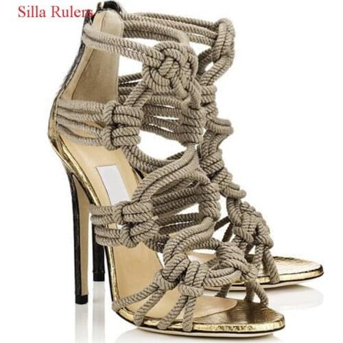 New Fashion Braided Rope High Heels Women Sandals Cut Outs Cage Gladiator Sandals Women Boots Shoes Woman Botas Sandalias Mujer