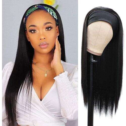 Headband Wig for Black Women Synthetic Natural Black Long Mixed Yaki Straight Wigs Afro