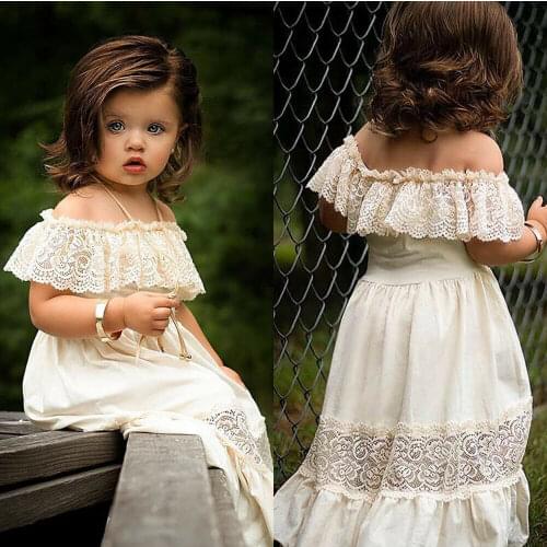 Pudcoco Newest Fashion Toddler Baby Girl Summer Dress Off Shoulder Solid Color Lace Flower Dress Party Formal Dress Sundress