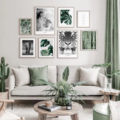 Nature Forest Landscape Canvas Wall Art Print Painting Nordic Tiger Elephant Lion Poster Cactus leaves Picture Modern Home Decor