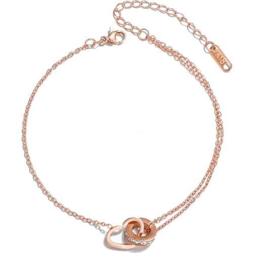 Rose Gold Stainless Steel Anklet Bracelet for Women Heart With Circle Crystal Anklet Foot Jewelry Leg Chain on Foot Gifts