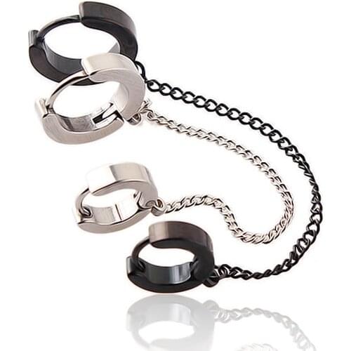 2 pieces sliver black Titanium Steel Men ear chain Double pierced eardrop clip dangle Earrings fashion jewelry for men women