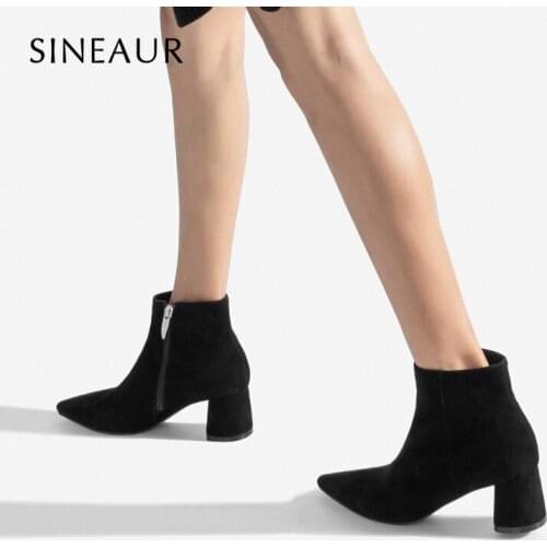 SINEAUR women shoes 2021 Suede Ankle Boots Zip Chunky Middle Heel Fashion Autumn Winter Boots Plus Size 41-45