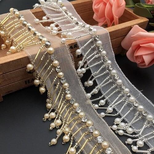 5Yard Champagne Rhinestones Pendant Beaded Lace Pearl Trim Tassel DIY Stage Clothing Home Curtain Wedding Decorative Accessories
