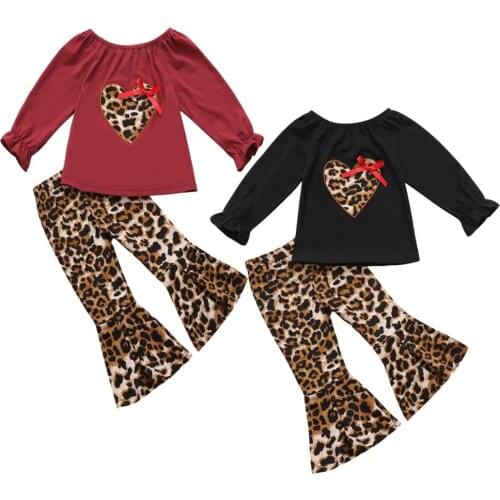 Baby Girl Spring Autumn Sets Kids Girls Long Sleeve Love Pattern Top + Leopard Flare Pants 2Pcs Newborn Baby Fashion Clothes Set