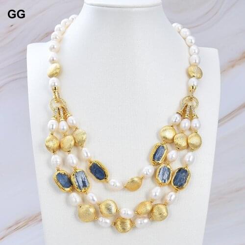 GuaiGuai Jewelry 3 Strands Cultured White Rice freshwater Pearl Blue Kyanite rectangle choker Necklace 20"