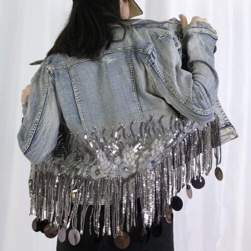 2021 New High Quality Denim Jackets Women Sequins Beading Tassels Hem Womens Denim Coat Slim Jeans Jacket Spring Female Coat A76