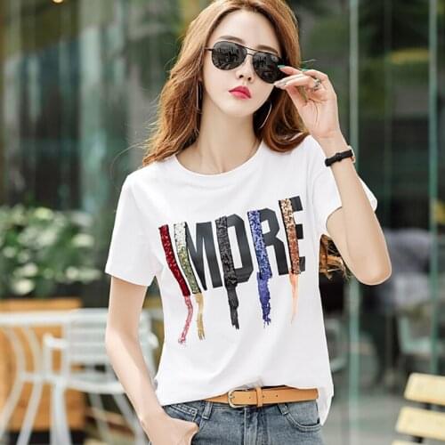 Sequined Letter T Shirt Women Clothes Summer Tops Tshirt Woman Cotton Korean T-Shirt 2020 Tee Shirt Femme Poleras Mujer De Moda
