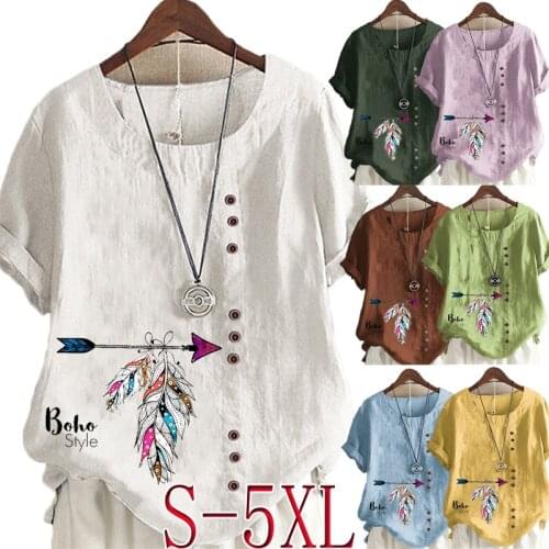 New Fashion Womens Feather Printed Short Sleeve Round Neck Blouse Tops Casual Linen T-shirt Plus Size