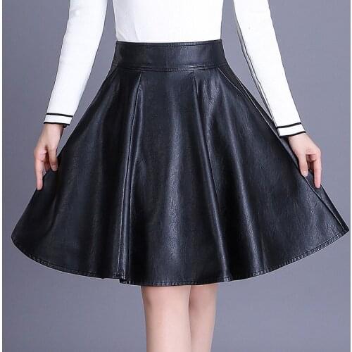 2019 Woman Skirt Elegant A-Line Style S-5XL Plus Size PU Leather Skirts Solid Casual Autumn Midi Skirt Fashion Korean Skirt W535