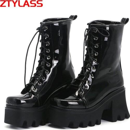 2021 Fashion Patent Leather Platform Ankle Boots Women Chunky High Heel Goth Boots Autumn Winter Lacing Woman Shoes Size 42 43