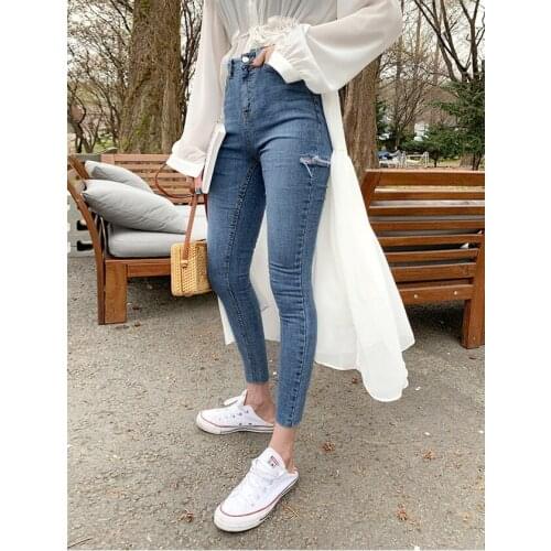 2021 Women Skinny Pants Blue Jeans Sexy High Waist Tassel Ripped Holes Denim Pants Female Trousers Pencil Jeans