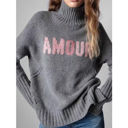 Womens Wool and Cashmere Sweater Letter Jacquard Turtleneck Long Sleeve Gray Autumn Winter New Ladies Casual Jumpers