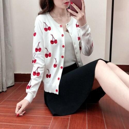 2021Autumn Spring Women Sweater Cherry Embroidery Pattern All-Match Fashion Jacket Coats Long Sleeve Short Knitting Cardigans