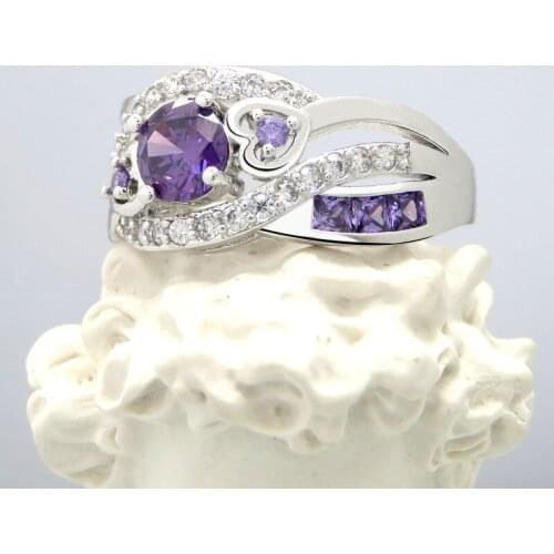 New CZ Purple Crystal Hollow Out Heart Ring Elegant Girl Inlay Four Claw Zircon Silver Color Ring Charm Lady Engagement Jewelry
