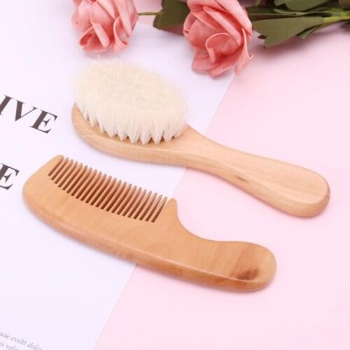 1 Set Baby Brush Comb Hair Head Massage Wooden Handle Wool Newborn Kids Care Kit