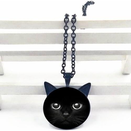 2019 New Arrival Harajuku Cat Face Necklace Cute Ears Crystal Glass Cabochon Pendant Chain Necklace for Women Girls Choker
