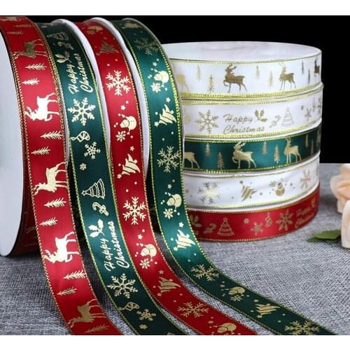 5 Yards 25mm Bronzing Christams Ribbon Printed Polyester Ribbon For Christmas Decoration Gift Wrapping DIY Sewing Fabric