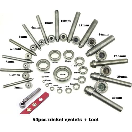50 set nickel eyelet and Metal Eyelet Punch Die Tool Set for Leather Craft Clothing Jeans, Apparel, Bags, 3-20mm