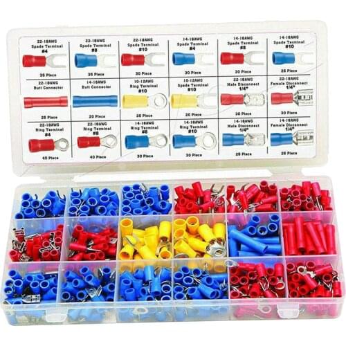 520pcs Assorted Insulated Electrical Wire Terminals Butt Ring Spade Kit Packed in Grid Plastic Box