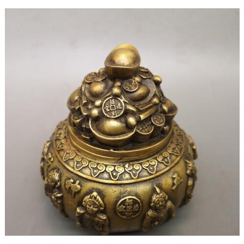 8.5“”China Qing Dynasty antique brass Five way Mammon gather Treasure basin