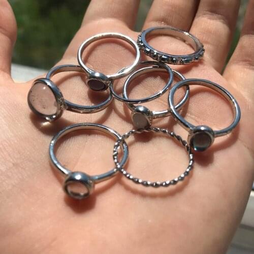 8Pcs Bohemia Rings Set Healing Natural Stone Rings Colorful Amethysts Agates Pink Quartz Women Party Wedding Rotatable Wholesale