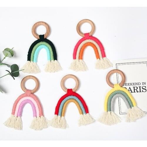 Accessories Newborn Baby Rainbow Teether Crochet Wood Ring Baby Teething Toy Natural Cotton Teething Toy Gender Neutral Baby Toy