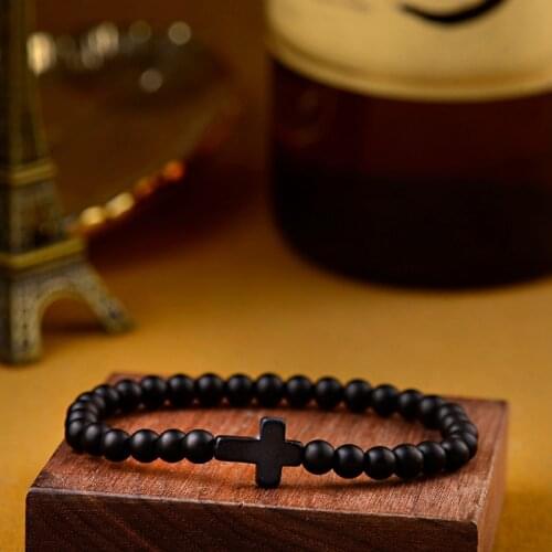 Charm Natural Stone Bracelet Cross Black Matte Beaded Bracelets Handmade Men Women Prayer Couple Jewelry Gift