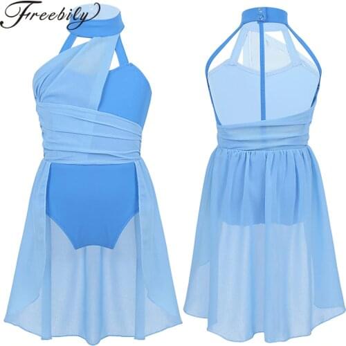 Kids Sleeveless Ruched Chiffon Bodice Caged Back Skating Modern Ballet Dance Dress Contemporary Girls Lyrical Dance Costumes