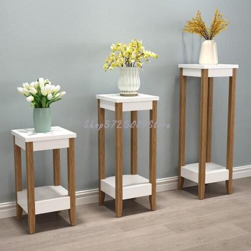 Double-layer shelf home living room wooden flower stand simple modern flower pot stand single floor bonsai stand walnut color