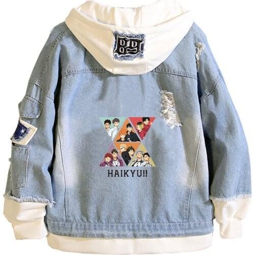 Haikyuu Karasuno VBC Unisex Jeans Jacket Anime Hoodies Harajuku Demin Streetwear Boys Cartoon Sweatshirt Couple Clothes
