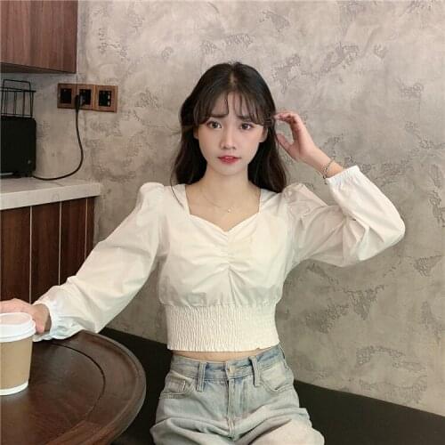 Korean Preppy Style Blouse Office Lady White Blouse V Neck uff Long Sleeve Slim Blusas Spring Summer Sweet Shirts Party Street