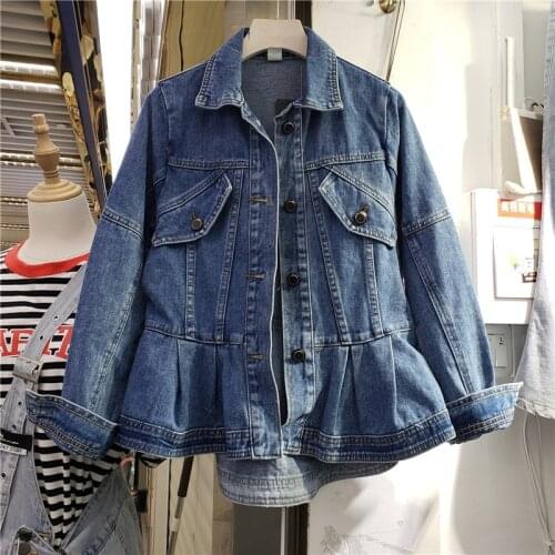 Korean Vintage Wash Blue Denim Jacket Women Slim Student Outerwear Long Sleeve Short Hem Pleated Ruffle Jeans Jacket Coat Female