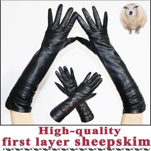 Mid-length leather gloves womens sheepskin gloves long winter warm plus velvet thick fashion sheepskin sleeves arm sleeves