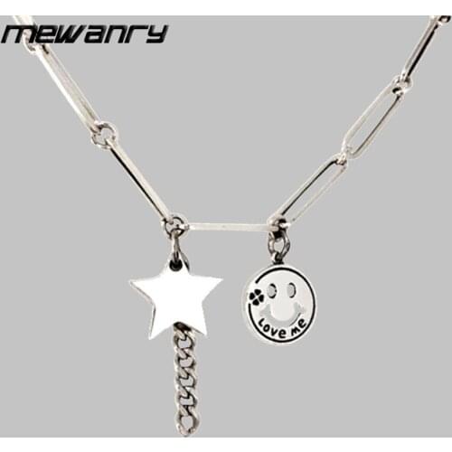 Mewanry 925 Sterling Silver Smiley Face Pendant Necklace for Women Fashion Vintage Party Pentagram Tassel Clavicle Chain Jewelry