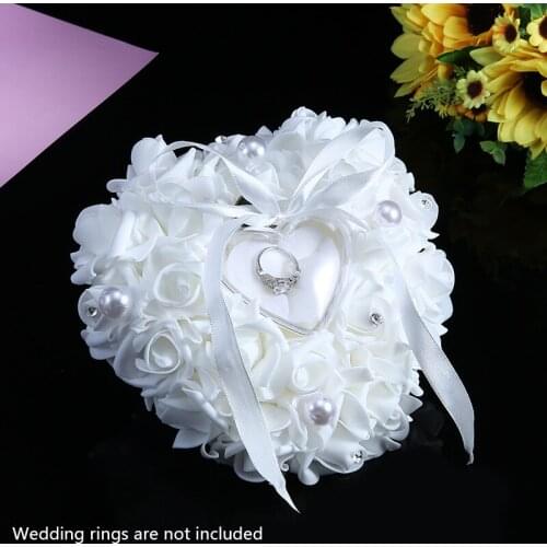 1Pc Ivory Satin Flower Ring Bearer Pillow Wedding Ring Bearer Cushion Holder Heart Shaped For Propose Wedding Party Supplies