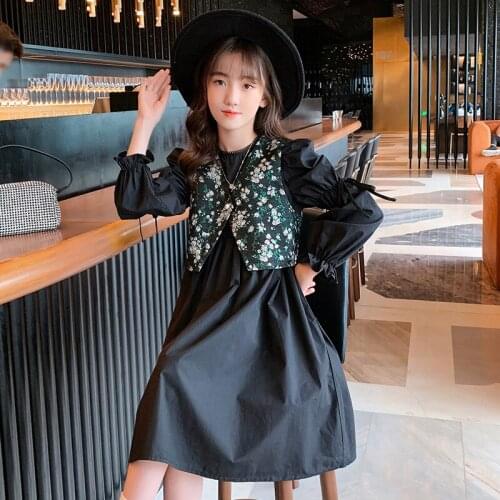 2021 Autumn Winter Baby Girls Dresses With Vest Vintage Kids Cotton Flower Dress for Girls Princess Childrens Clothing 4-13Yrs