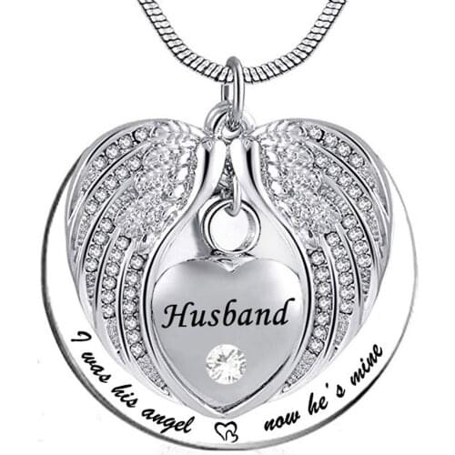 Angel Wing Memorial Keepsake Ashes Urn Pendant Birthstone crystal Necklace, I Was His/Her Angel Now Hes/Shes Min -for Husband