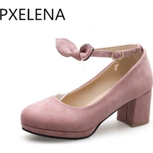 PXELENA Butterfly-knot Block Med Heels Shoes Women Round Toe Ankle Strap Shallow Pumps Flock Casual Comfort Shoes 2018 Hot 34-43