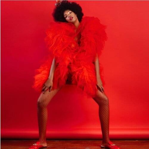 Chic Red Ruffled Tulle Party Tops Extra Puffy Tulle Short Jacket Blouse Shirts Custom Made Fashion Women Party Night Top