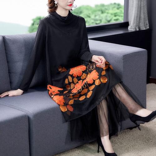 Chic Embroidered Dress Noble Ladies Fashion 2021 Korean Long Sleeve Flower Mesh Patchwork Dress Women Large Size Clothing M356