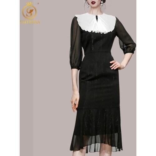 SMTHMA 2021 New Fashion Autumn Temperament Sweet Chiffon Dress Womens Half Sleeve Black Mermaid Dresses Vestidos