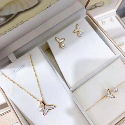 Womens Mermaids tears white freshwater pearl pendant ring earrings set fashion jewelry