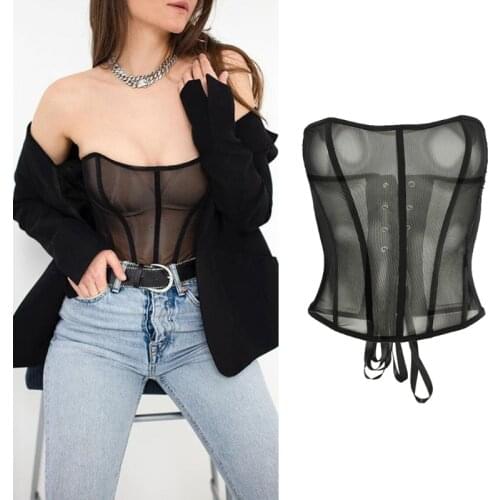 Womens Sexy Solid Color Black Mesh Chest Support Corset Womens Lace Up Perspective Bustiers Tops for Party Club