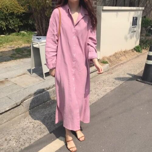 2021 New Oversize Pink Womens Long Shirt Dress Spring Autumn Long Sleeve Single Breasted Female Casual Loose Shirts Dresses