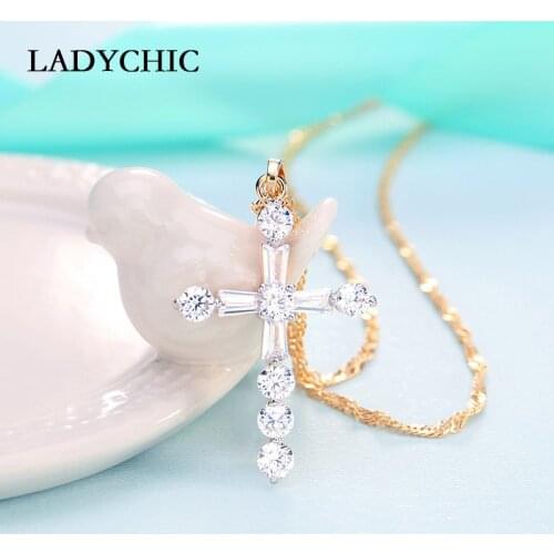LADYCHIC Sparkling Gold Color Cross Pendant Necklace Christian Religious Luxury BLING Zircon Crystal Cross for Women Gift LN1071